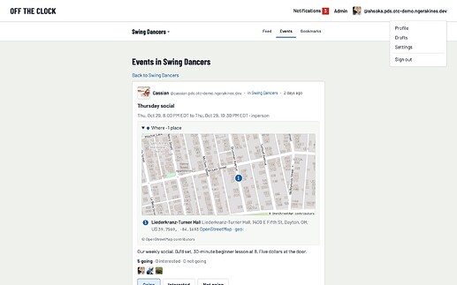 A swing club's upcoming events with maps and RSVPs