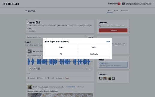 The compose dialog: Post, Event, Poll, and Bookmark
