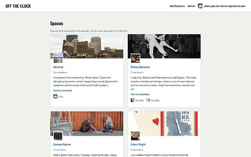 The Spaces directory, with each space's members and admins