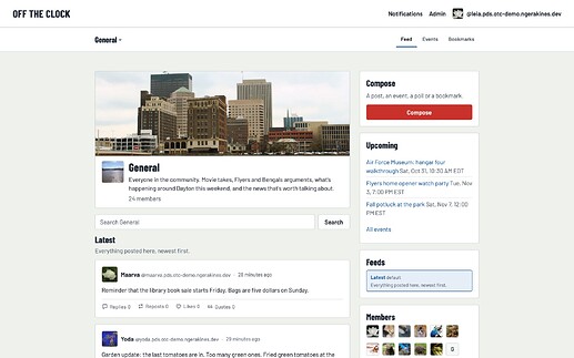 The General space: its header, the Latest feed, upcoming events, feeds, and members